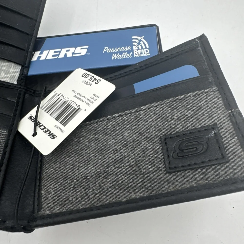 Skechers Twill Passcase Bifold Wallet Vegan Leather Trim RFID‎ Protection